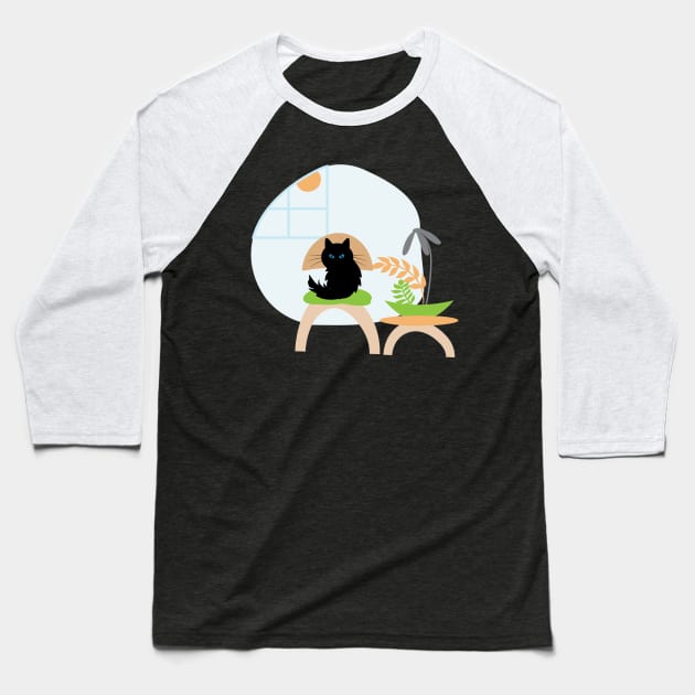 Cute Black Cat Chair Room 2 Baseball T-Shirt by oknoki